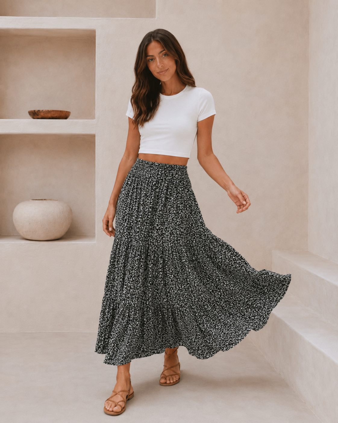 Falda Midi Floral con Cintura Ajustable